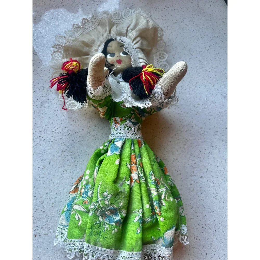 Handmade St. Thomas Folk Cloth Doll VTG In Traditional Green Dress With Veil